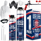 CHEMSPRO spray foam insulation kit with foam can, gun cleaner, application gun, protective accessories and retail box.