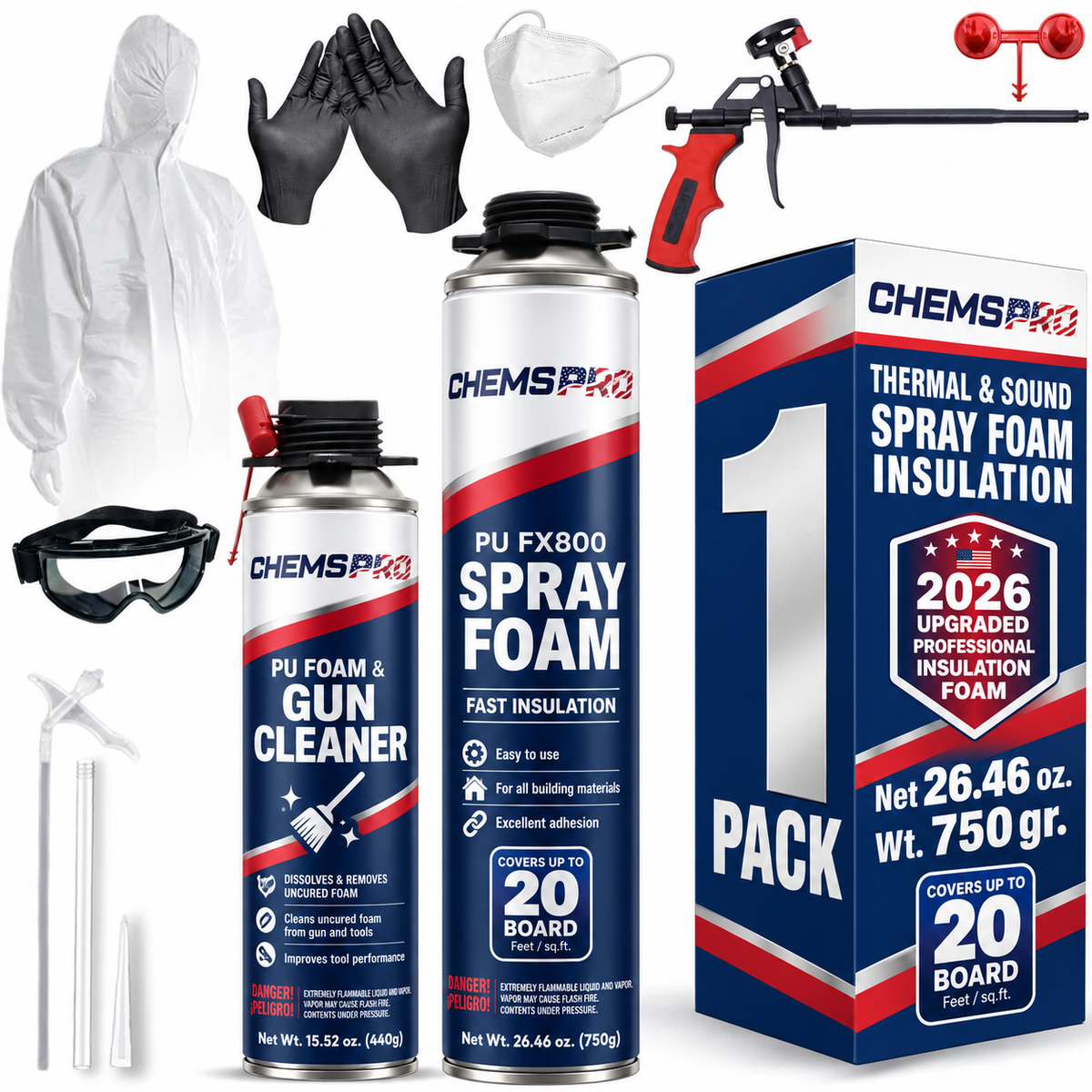 CHEMSPRO spray foam insulation kit with foam can, gun cleaner, application gun, protective accessories and retail box.