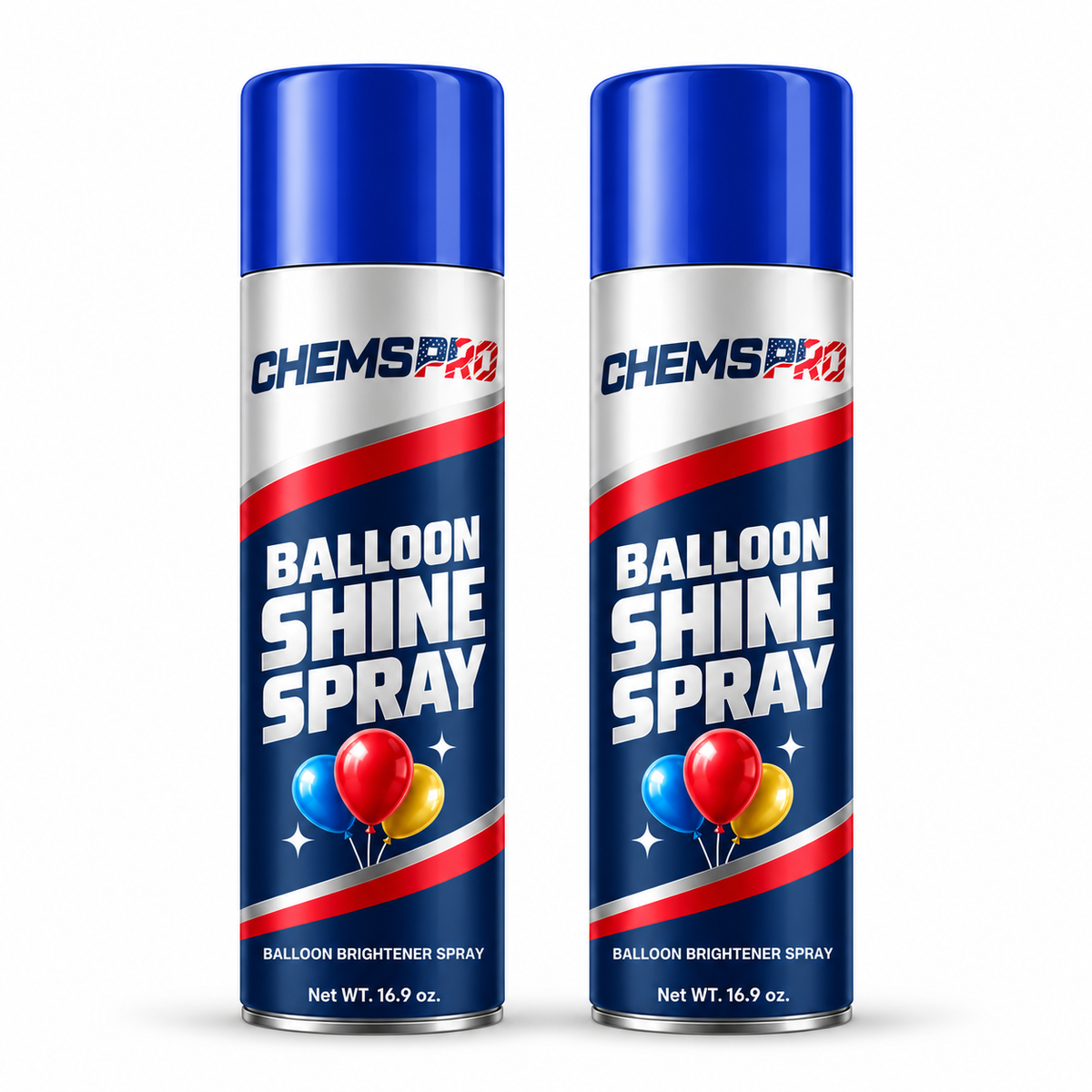 CHEMSPRO Balloon Shine Spray 2 Pack with two blue-capped 16.9 oz aerosol cans