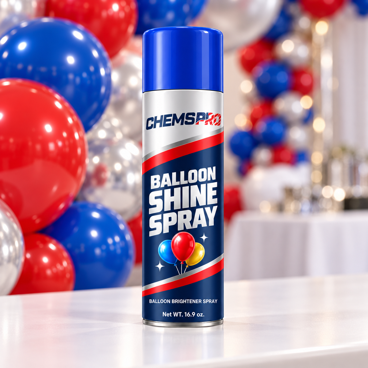 CHEMSPRO Balloon Shine Spray can with red, blue and silver balloon decorations