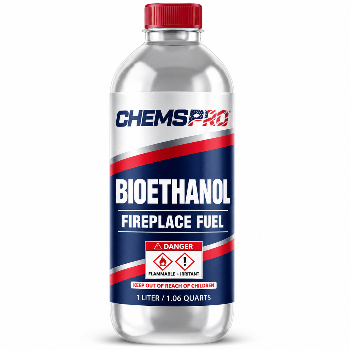 CHEMSPRO Bioethanol Fireplace Fuel 1-liter bottle with red screw cap on white background