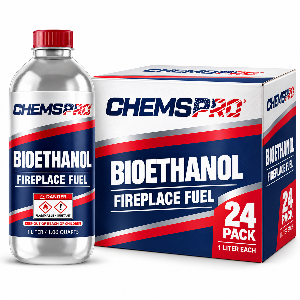 CHEMSPRO Bioethanol Fireplace Fuel 24 Pack carton beside a red-capped 1-liter bottle