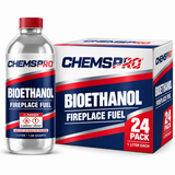 CHEMSPRO Bioethanol Fireplace Fuel 24 Pack carton beside a red-capped 1-liter bottle