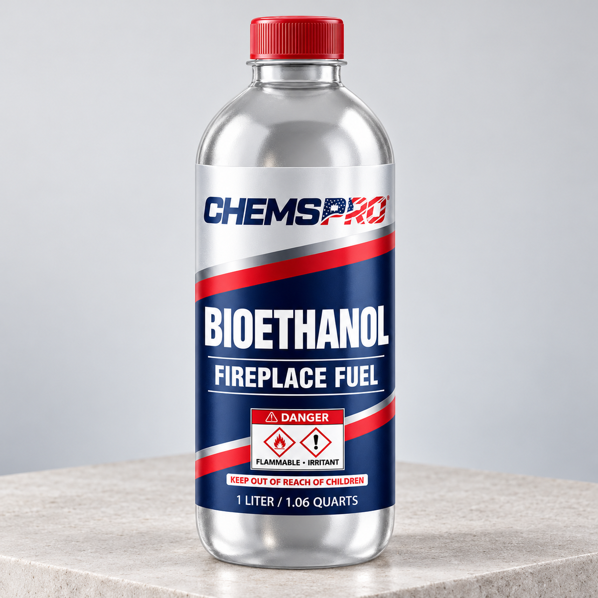 CHEMSPRO Bioethanol Fireplace Fuel red-capped 1-liter bottle on a pale stone display