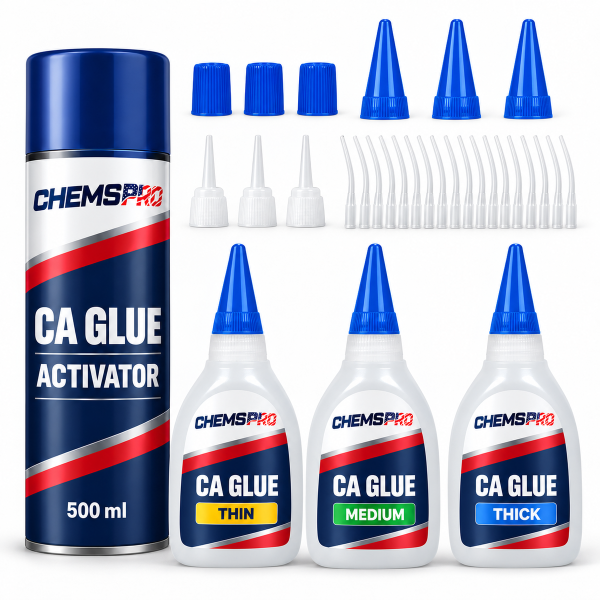 CHEMSPRO CA glue set with Thin, Medium and Thick bottles, activator spray, spare caps and fine applicator tips