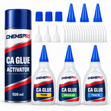 CHEMSPRO CA glue set with Thin, Medium and Thick bottles, activator spray, spare caps and fine applicator tips