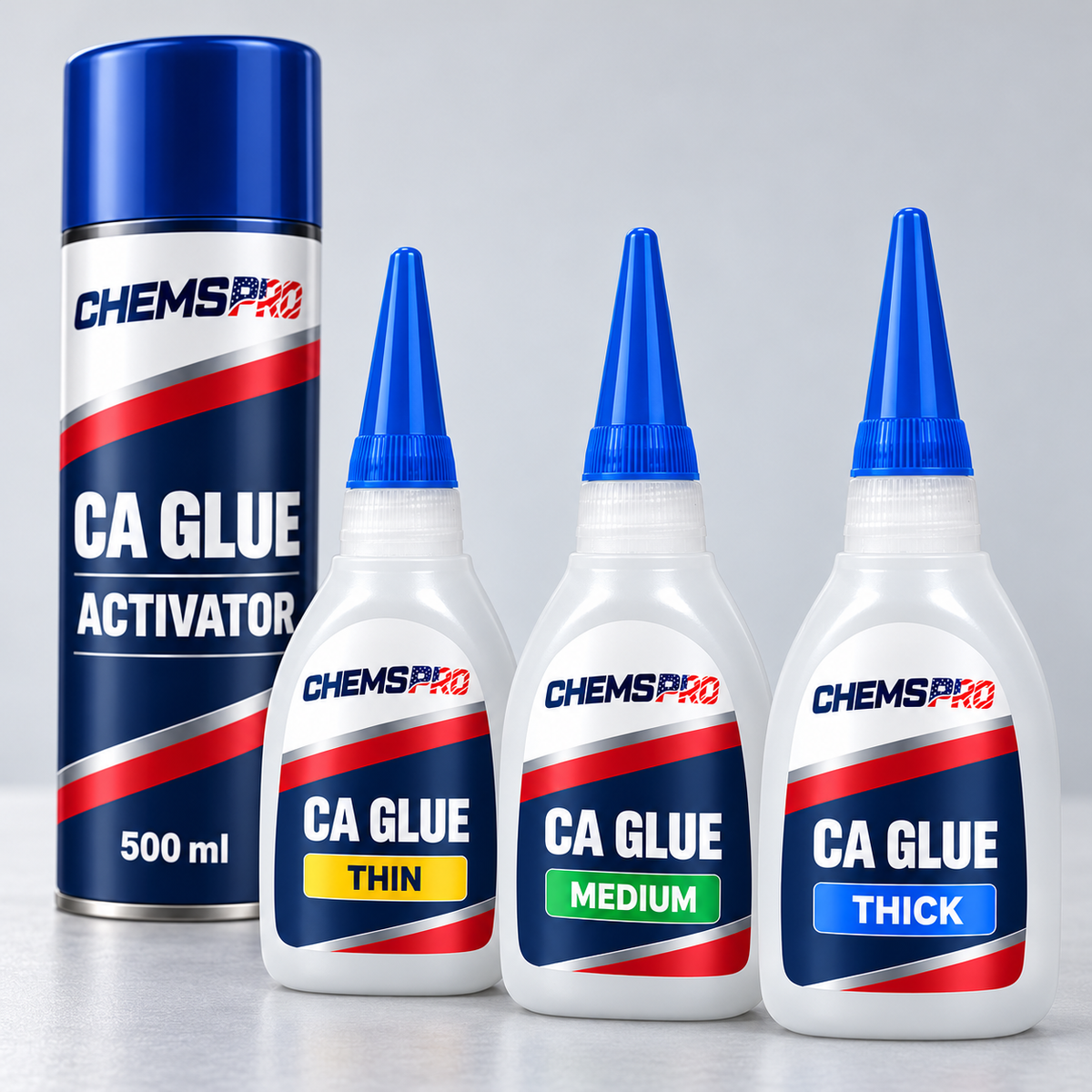Close-up of CHEMSPRO Thin, Medium and Thick CA glue labels and activator spray