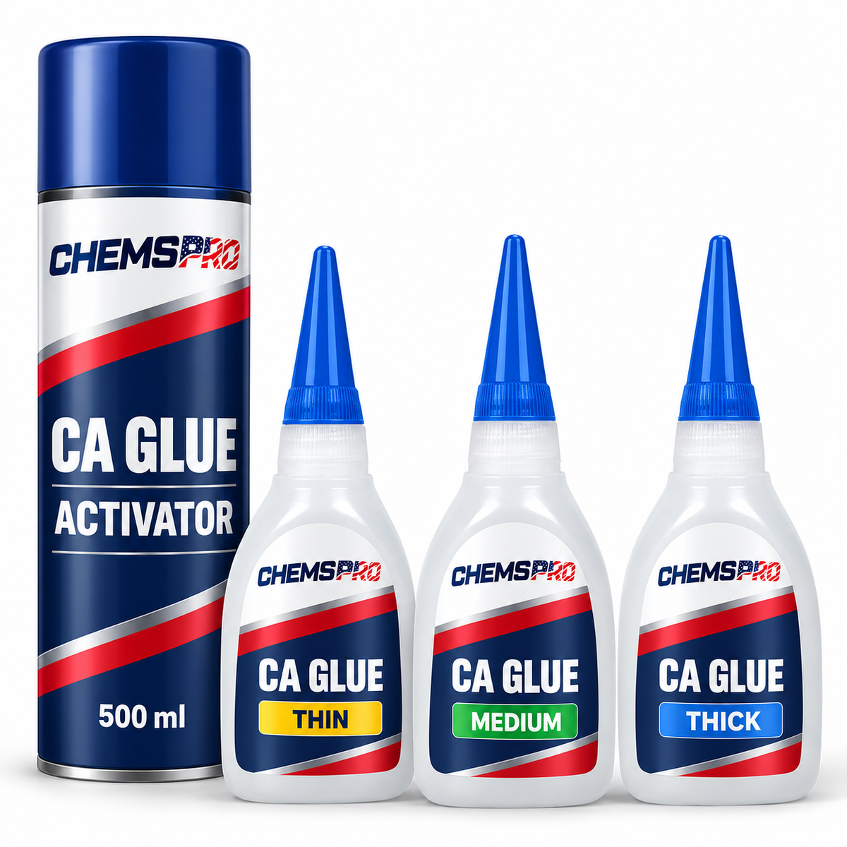 CHEMSPRO Thin, Medium and Thick CA glue bottles with 500 ml activator spray on a white background