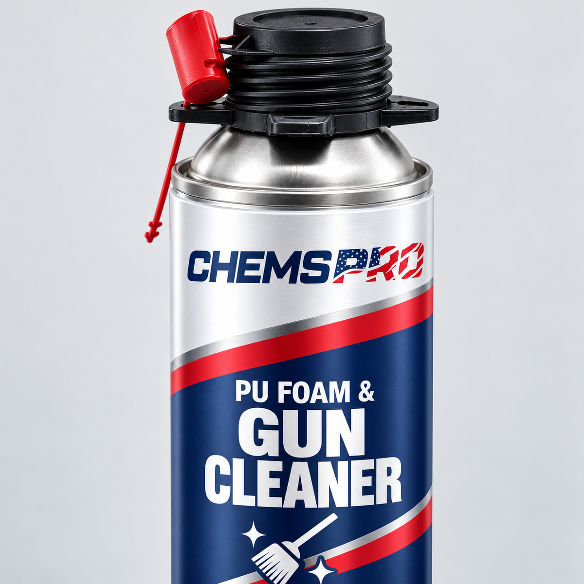 Close-up of the CHEMSPRO gun cleaner label, threaded connection and red nozzle
