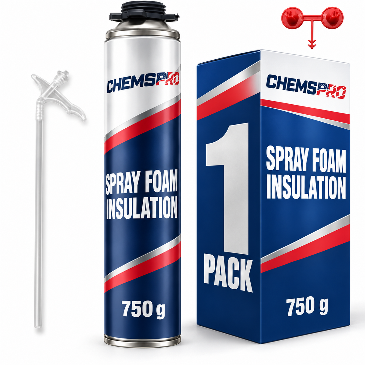 CHEMSPRO 750 g spray foam can with single-pack box, clear tube and red nozzle