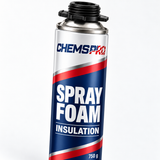Close-up of the CHEMSPRO spray foam label and threaded gun connection