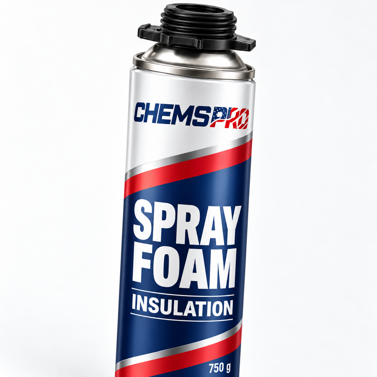 Close-up of the CHEMSPRO spray foam label and threaded gun connection