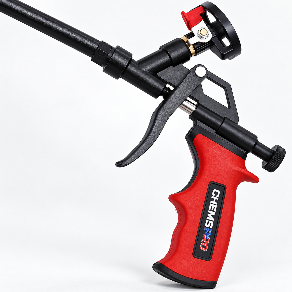 Close-up of CHEMSPRO spray foam gun showing the trigger, can adapter and rear adjustment knob