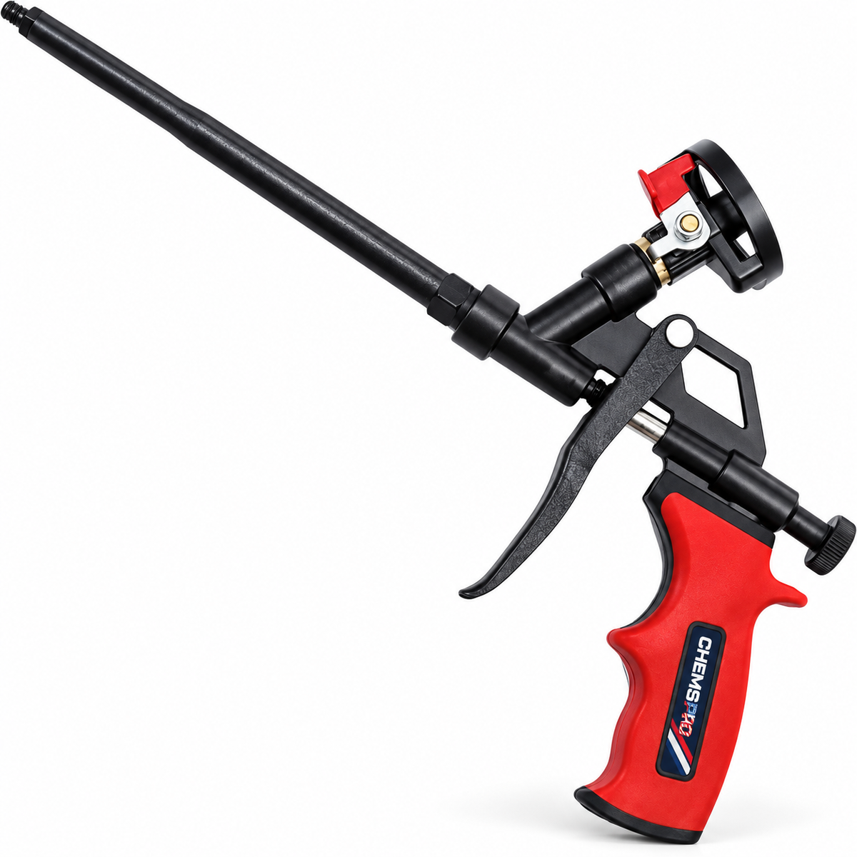CHEMSPRO spray foam gun with long black barrel and red grip on a white background